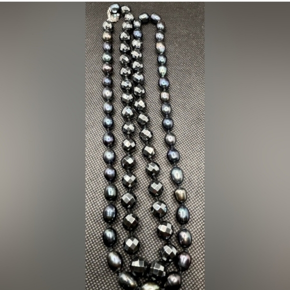 Anthology 925 Sterling Silver Clasp Faceted Hematite Pearl Beaded Long Necklace - Picture 4 of 11